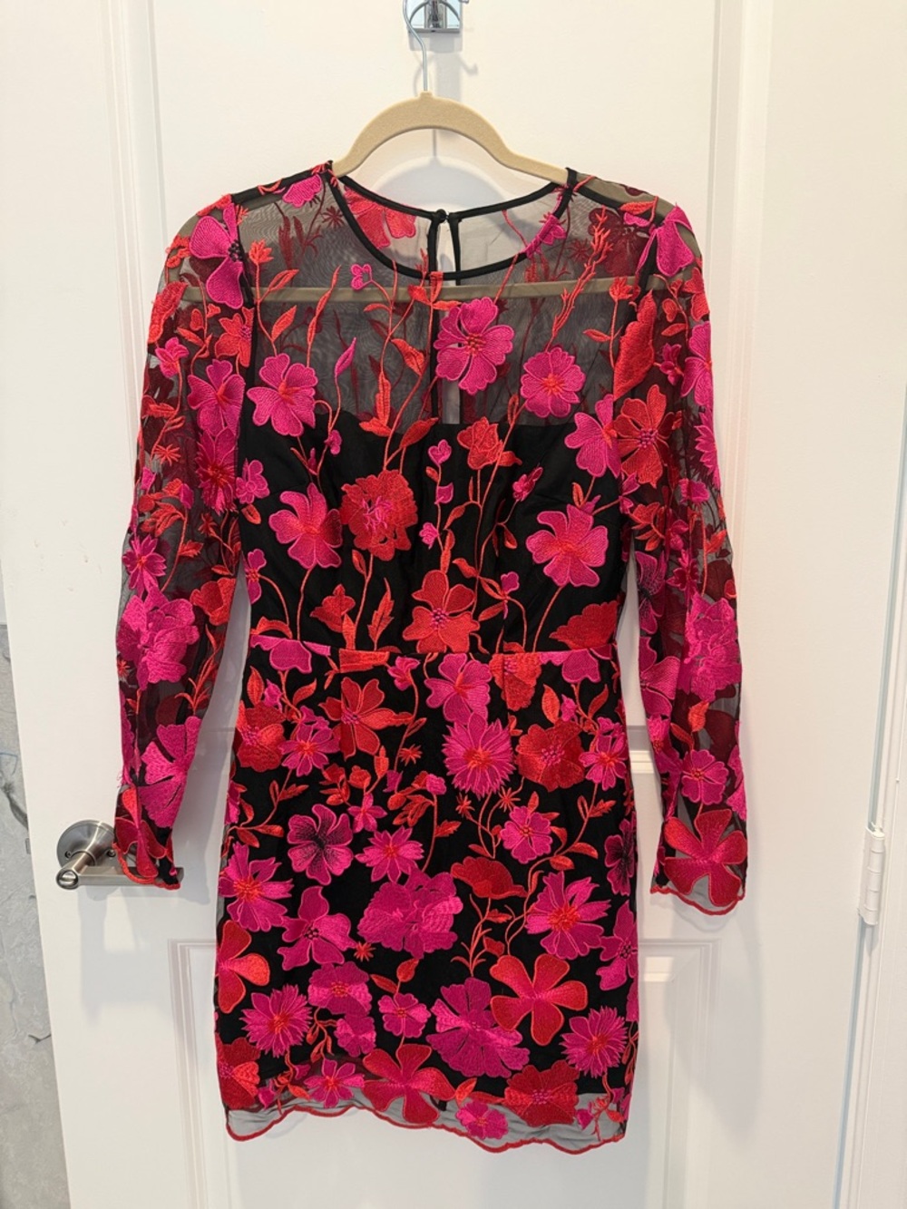 Milly Black Dress with Pink & Red Floral Embroidery, mesh top